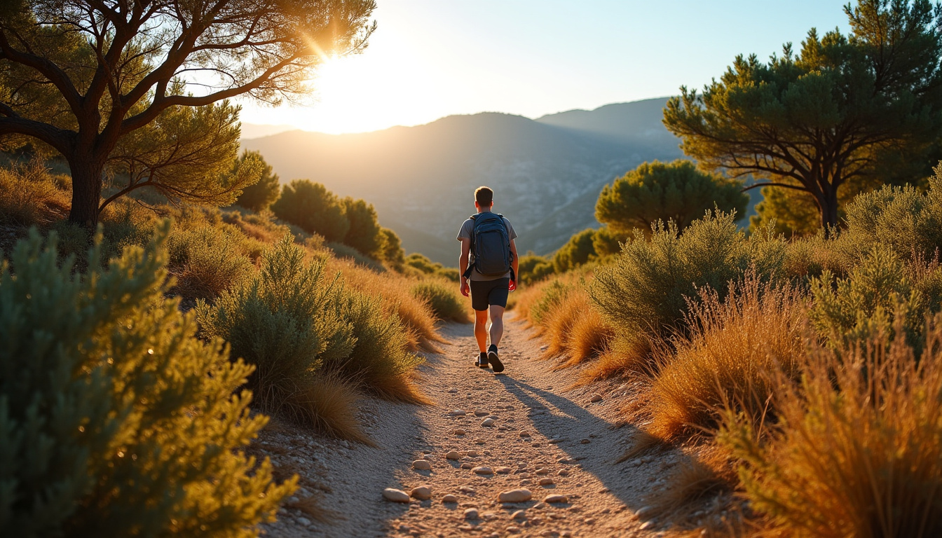 Randonneur en train de marcher sur un sentier balisé près de Banne, entouré de garrigue et de chênes verts