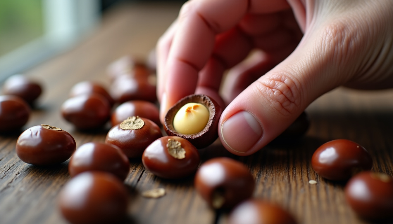 Sélection de châtaignes fraîches sur un comptoir en bois