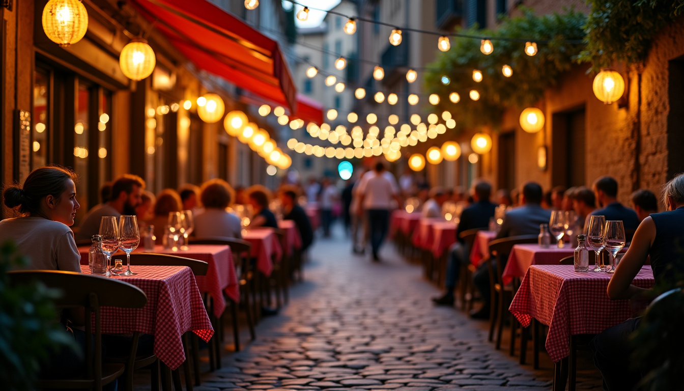 Soirée animée dans une trattoria typique de Trastevere, avec tables en terrasse et ambiance conviviale
