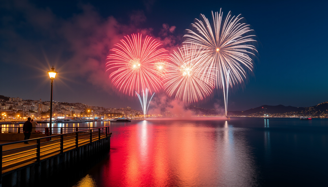 Spectacle pyrotechnique sur la baie de Cannes vu depuis la jetée du port
