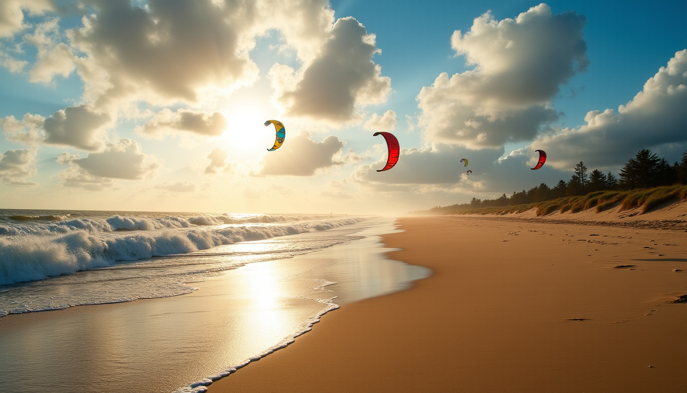 Surfeurs et kitesurfeurs en action sur la plage des Huttes par temps venteux