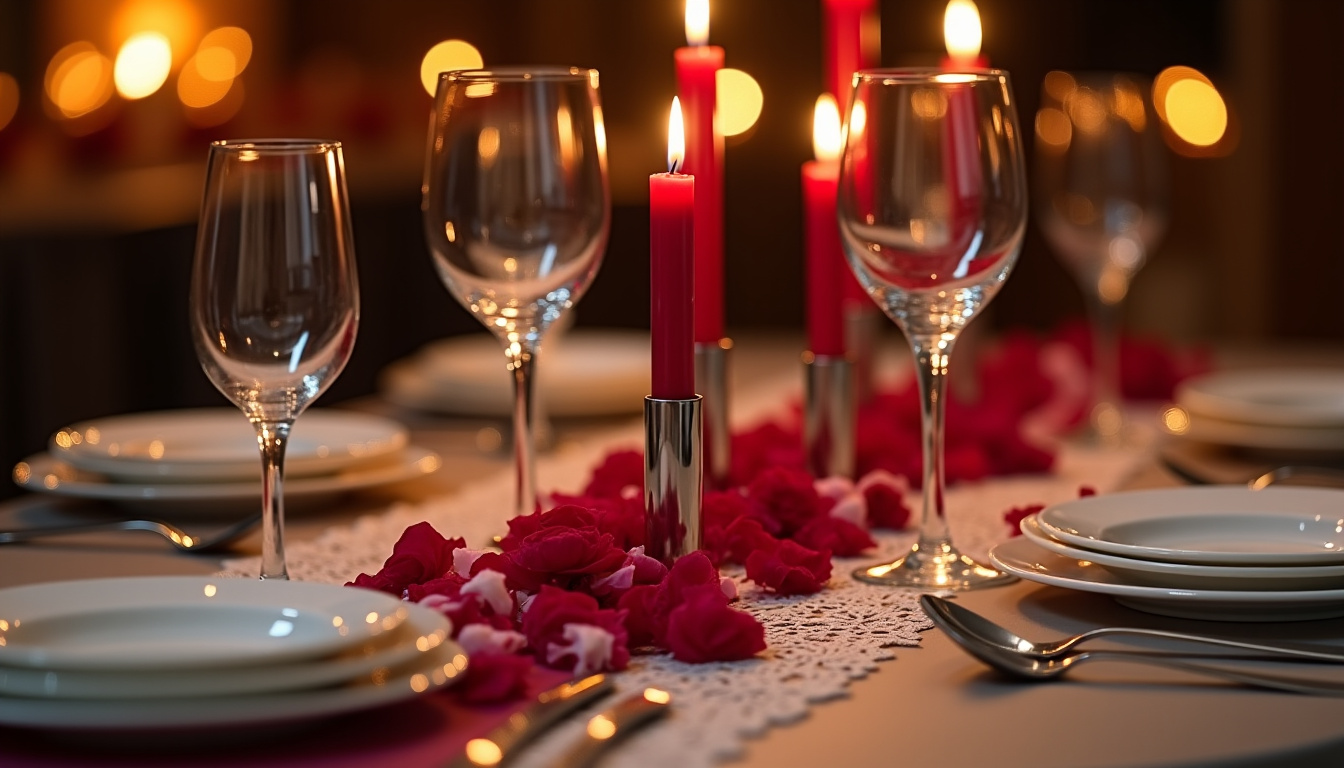 Table dressée pour un dîner de Saint-Valentin avec bougies, napperon et vaisselle élégante