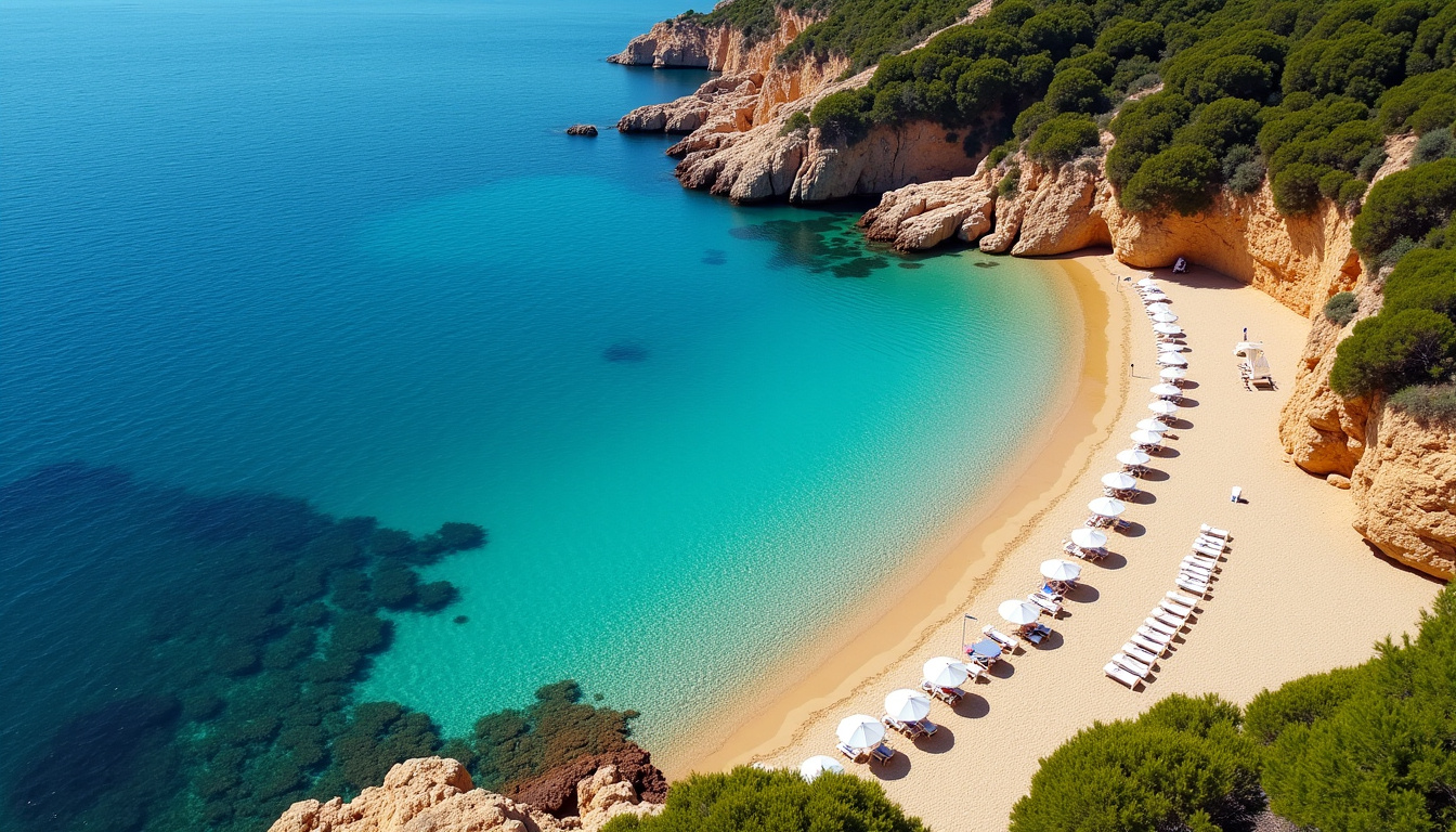 Vue aérienne de la plage de Porto Pollo montrant le sable fin et l