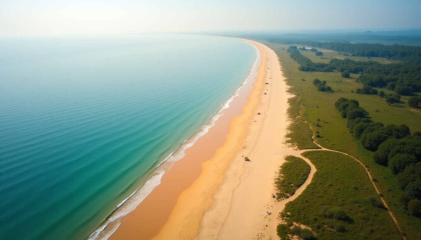 Vue aérienne de la plage des Huttes montrant une vaste étendue de sable fin bordée de dunes