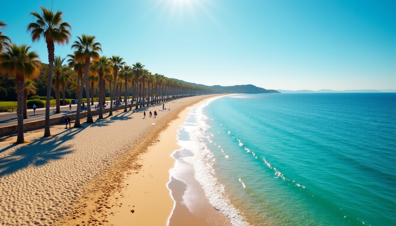 Vue aérienne de la plage du Mourillon à Toulon, avec sable fin, eau bleue et palmiers bordant le bord de mer