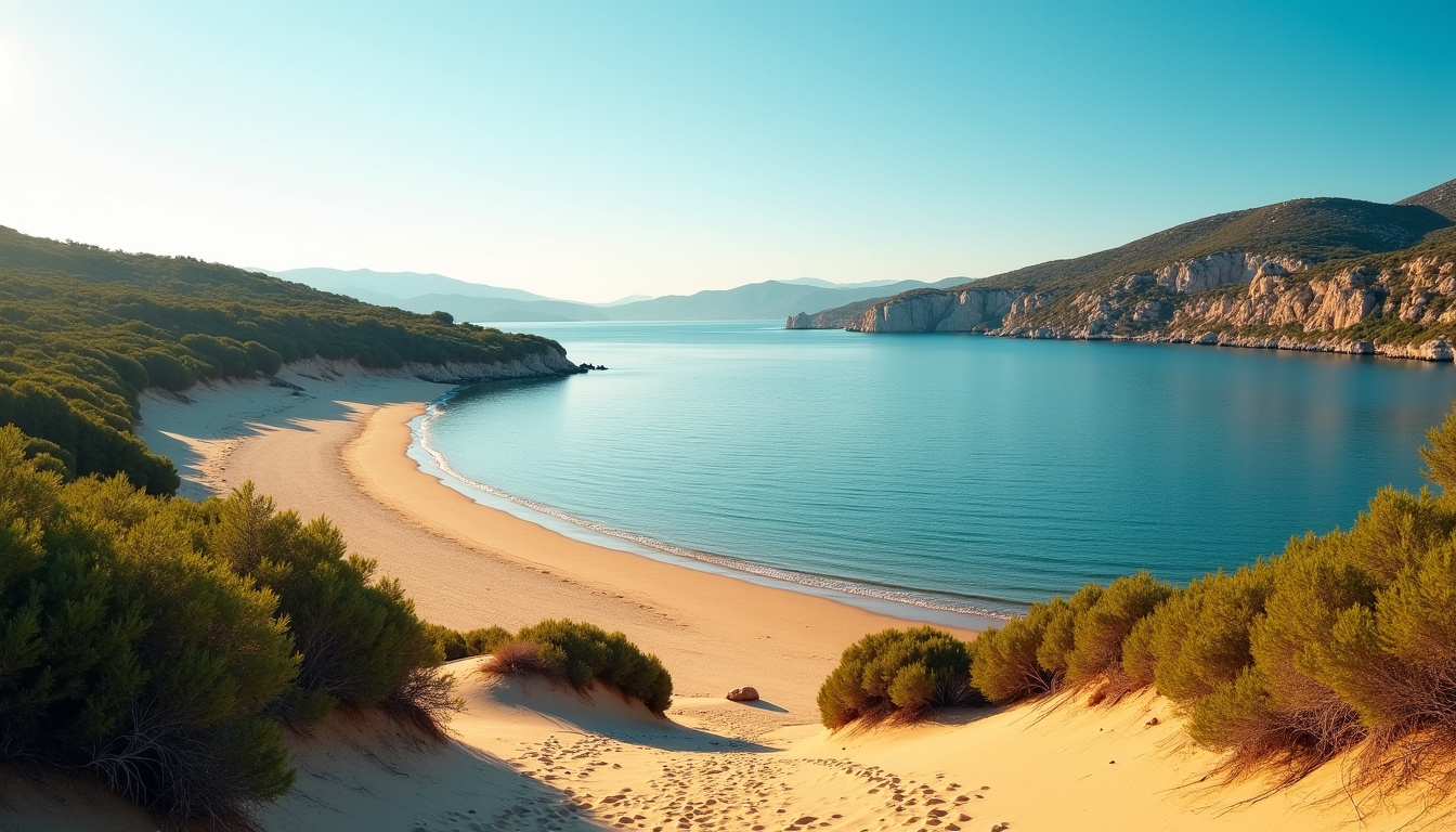 Vue de la plage du Taravo avec le fleuve traversant le sable