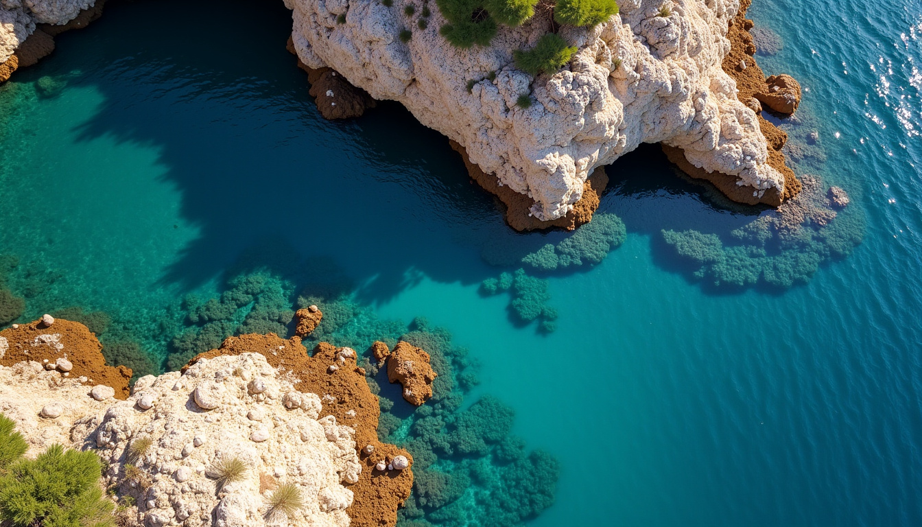 Vue d’une crique sauvage du Cap Brun à Toulon, avec eau turquoise et rochers entourés de végétation méditerranéenne