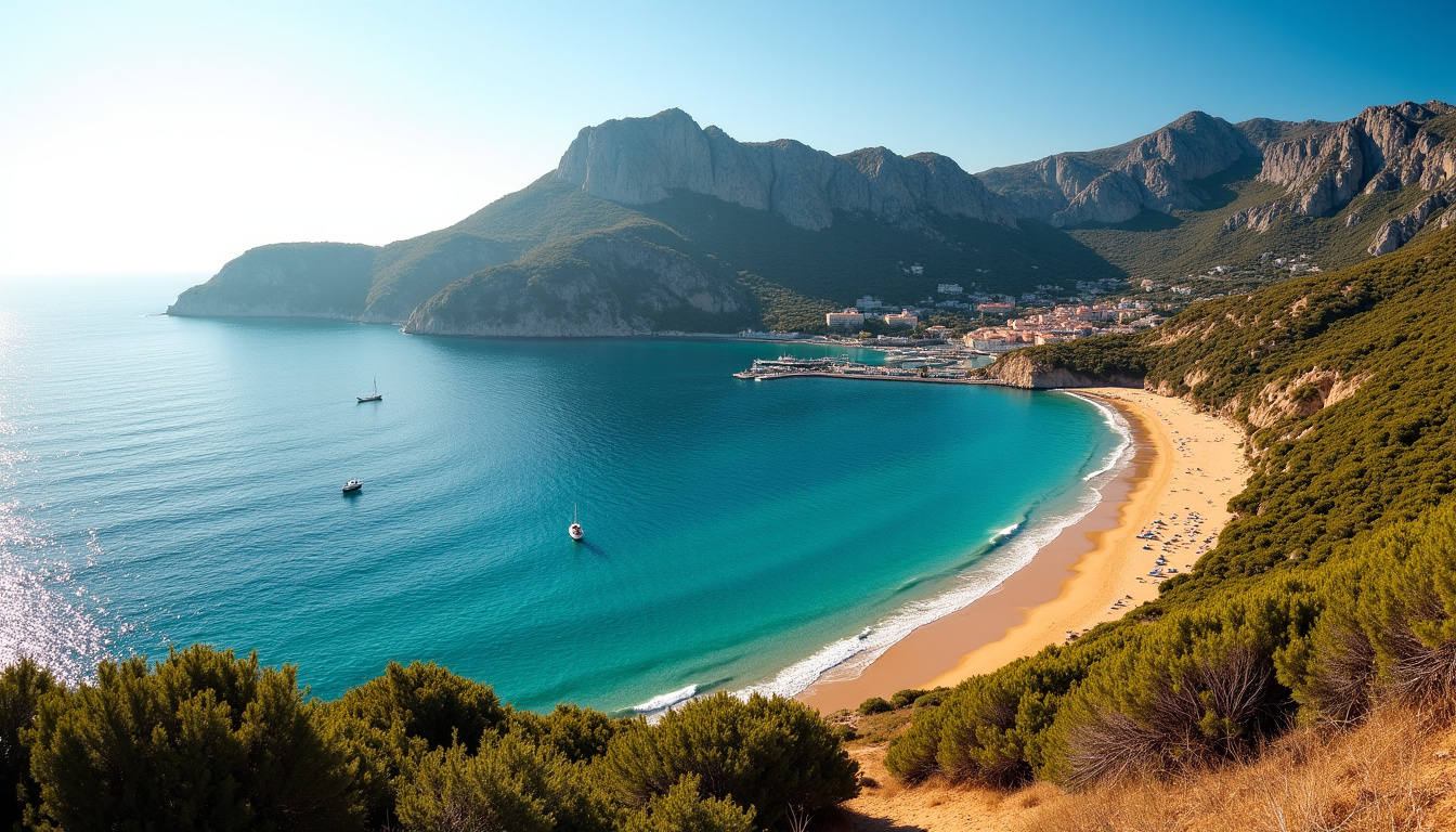 Vue panoramique de la plage de Porto Pollo avec le port et les montagnes en arrière-plan