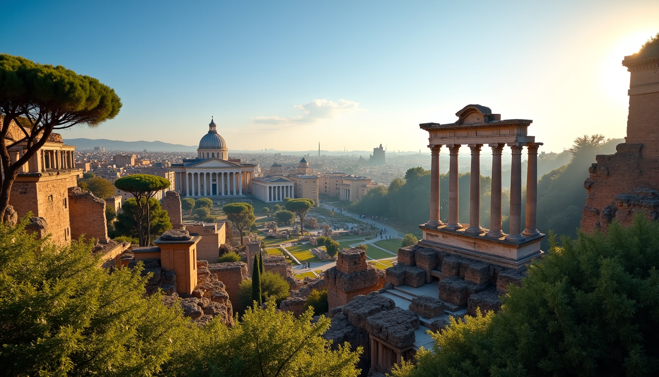 Vue panoramique du Forum Romain depuis le Mont Palatin avec colonnes antiques et ciel bleu
