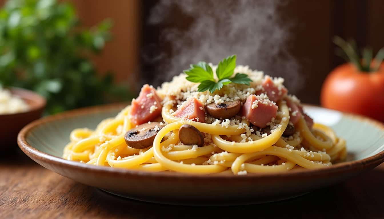 Assiette de pâtes carbonara avec des morceaux de jambon et des champignons