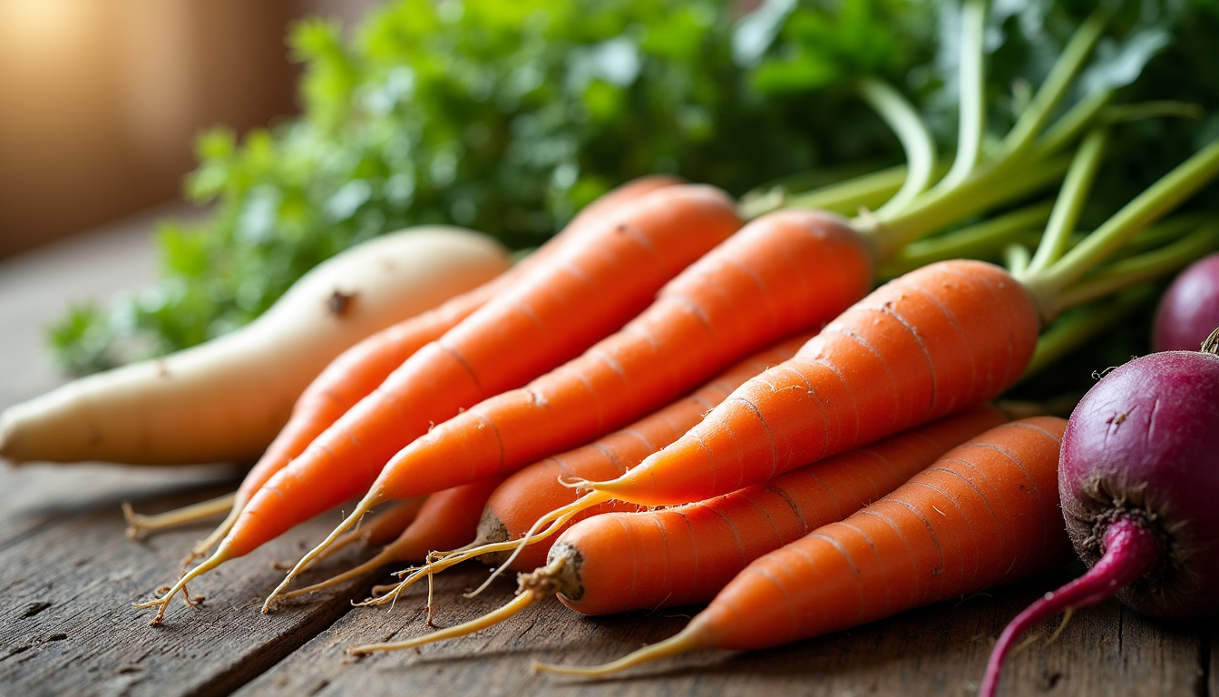 Assortiment de légumes-racines frais de saison en janvier: carottes, panais, rutabagas, navets et betteraves sur un fond naturel