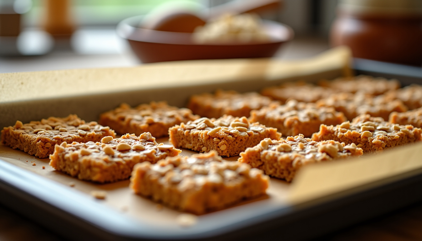 Barres de céréales en train de cuire sur une plaque au four