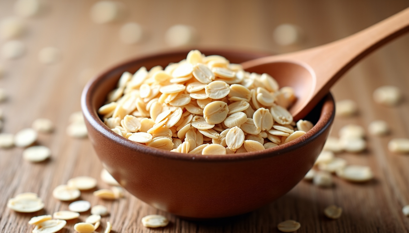 Bol de flocons d’avoine crus avec cuillère en bois et fond en bois naturel