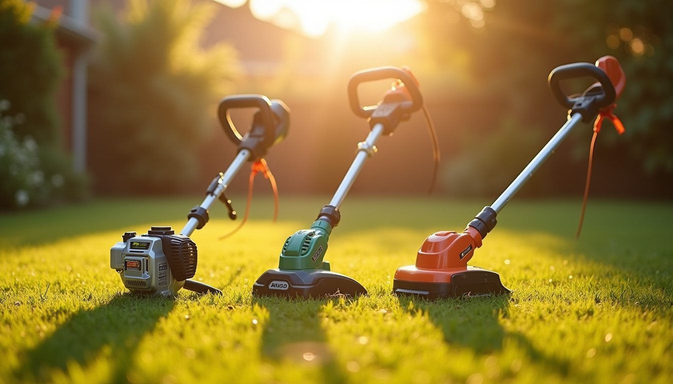 Comparaison visuelle entre une débroussailleuse thermique, une électrique et une à batterie, en situation d