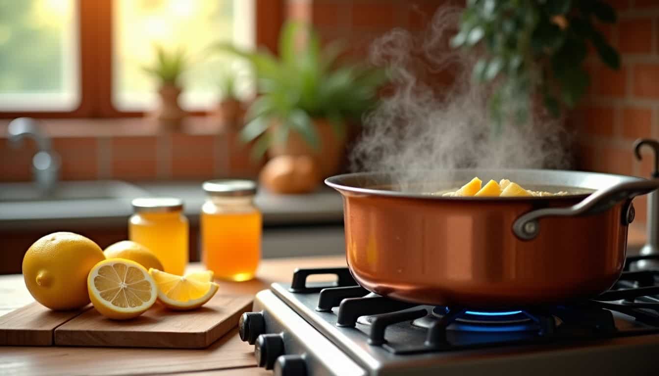 Étapes de préparation de la confiture de citrons, montrant la découpe des citrons et la cuisson dans une bassine