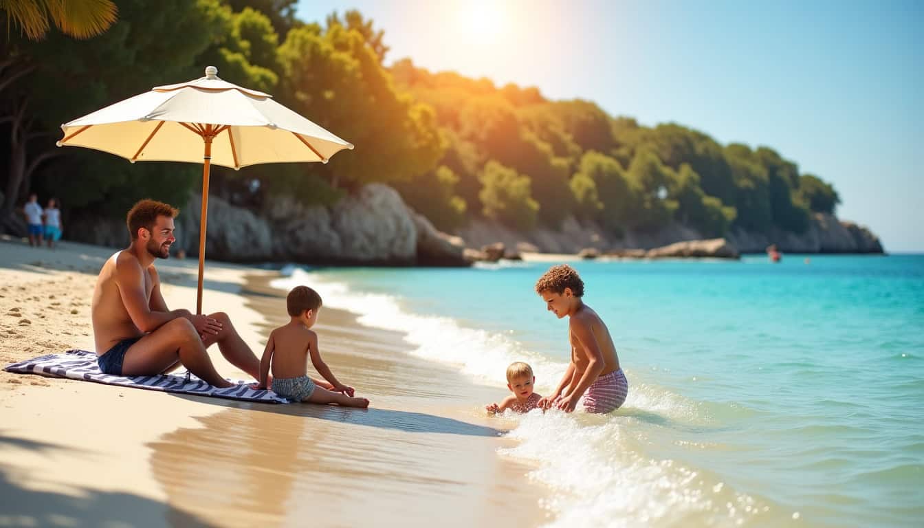 Famille profitant de la plage des Cabassons avec enfants