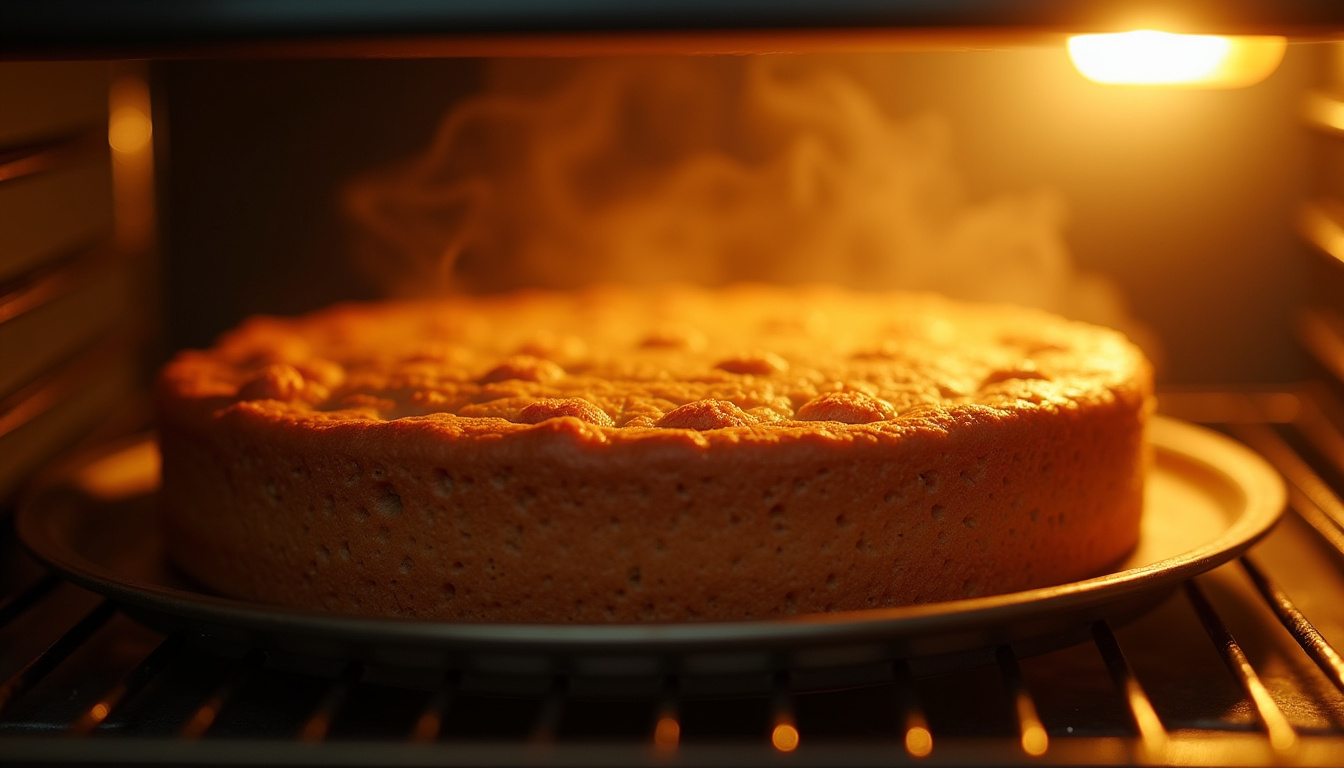 Gâteau moelleux aux noisettes en train de cuire dans un four, vue intérieure avec lumière allumée
