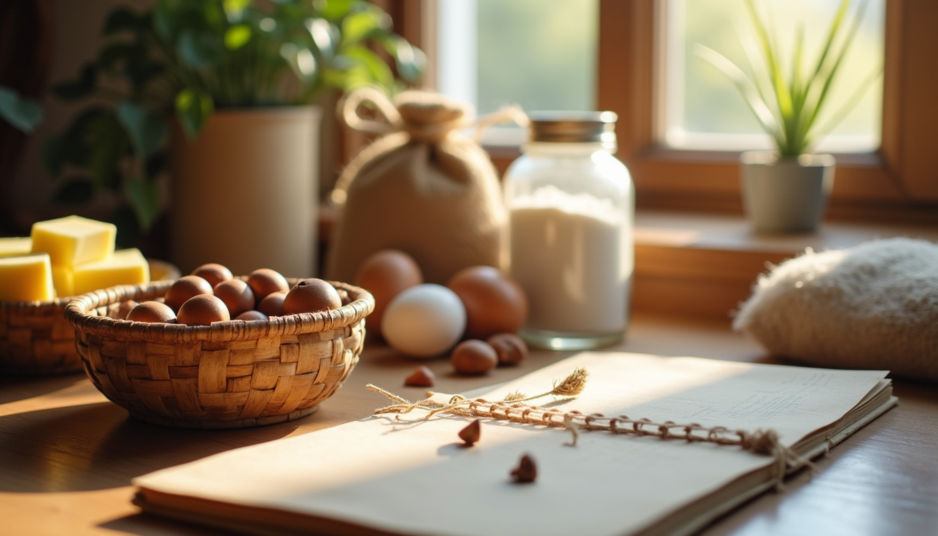Ingrédients du gâteau moelleux aux noisettes disposés sur une table en bois: noisettes, farine, œufs, beurre, sucre