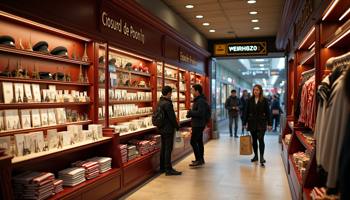 Intérieur de la boutique Souvenirs de Paris à la gare Montparnasse, présentant des produits typiques de Paris