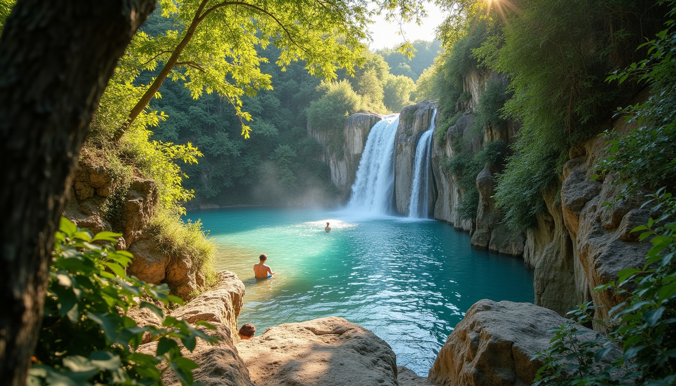 La cascade du Ray-Pic en Ardèche vue depuis un belvédère, entourée de végétation luxuriante