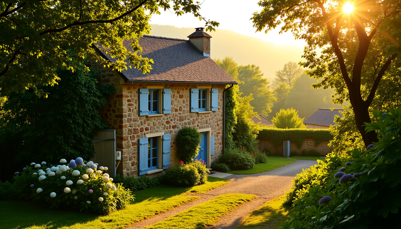 Maison en pierre typique de Vernoux-en-Vivarais, avec volets bleus et toiture en ardoise