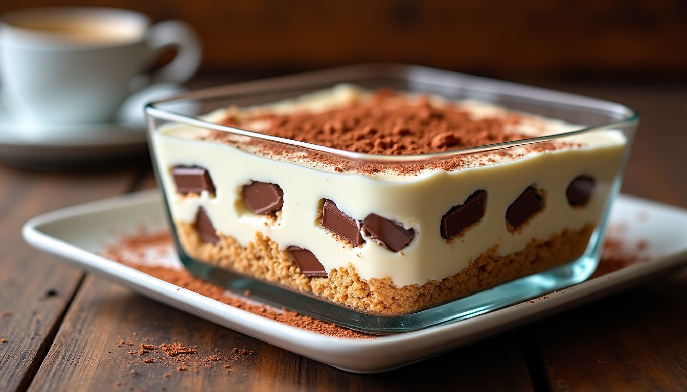 Montage des couches de tiramisu Kinder Bueno dans un plat rectangulaire avec des morceaux de barres visibles