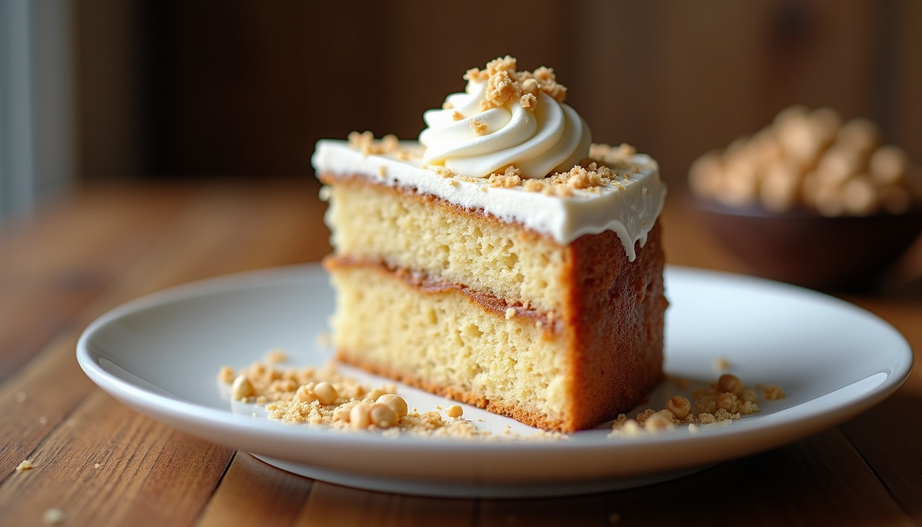 Part de gâteau moelleux aux noisettes posée sur une assiette, accompagnée d