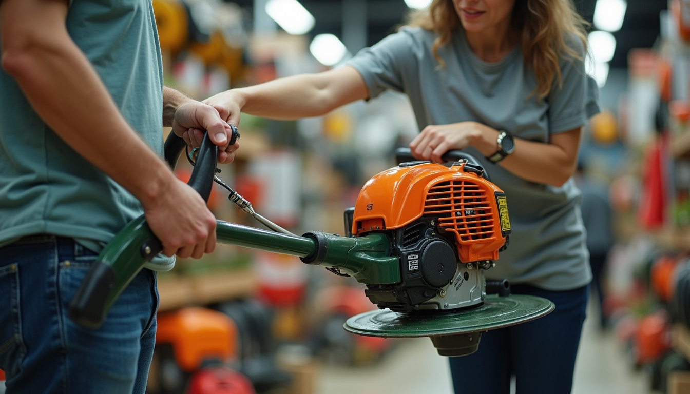 Personne examinant une débroussailleuse en magasin avec un vendeur