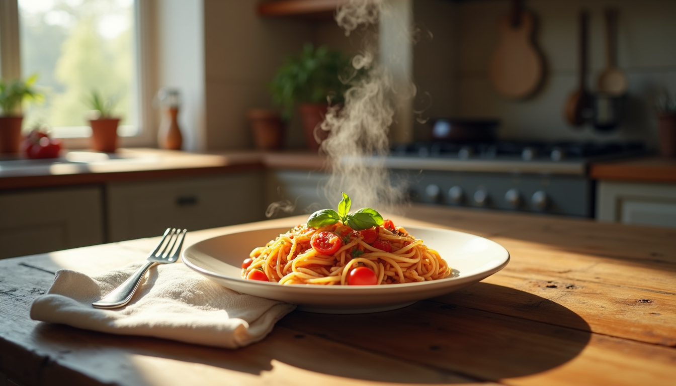 Plats simples et rapides préparés dans des assiettes courantes, illustrant la cuisine du quotidien