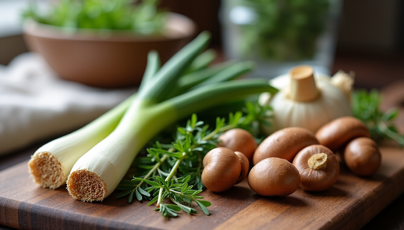 Préparation culinaire avec des poireaux frais, des champignons pleurotes et des herbes aromatiques sur une planche en bois