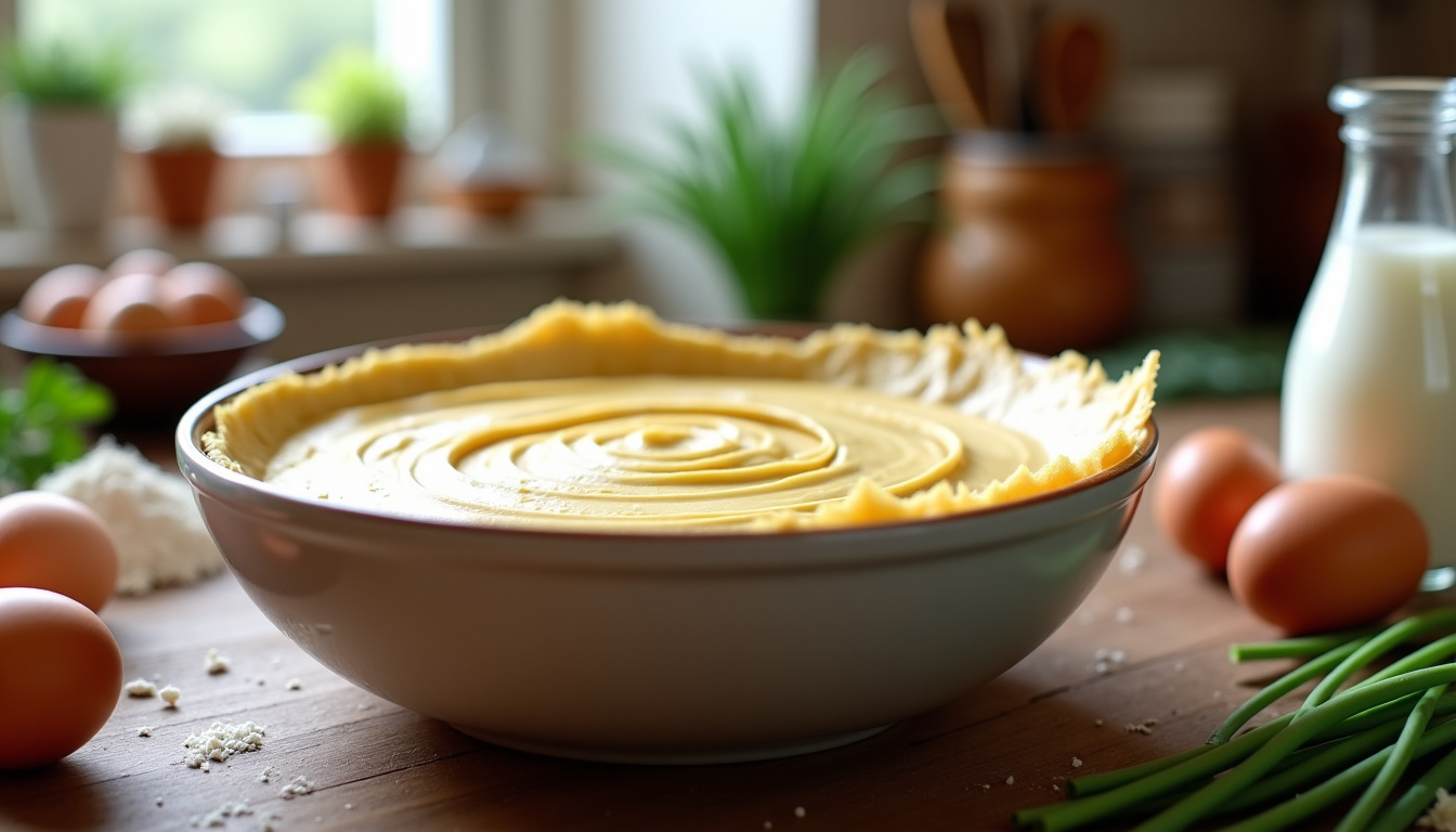 Préparation de la pâte à crêpes salées dans un bol avec des ingrédients frais