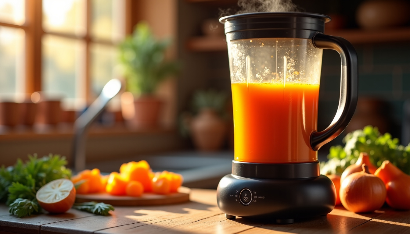 Préparation de la soupe de potimarron dans un blender chauffant avec des cubes de légume et un oignon