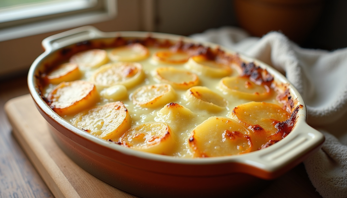 Préparation du gratin dauphinois avec pommes de terre, lait, crème et ail dans une casserole