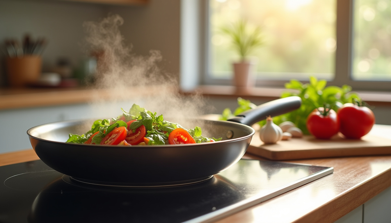 Préparation d’un repas simple dans une cuisine moderne, avec des ingrédients basiques et un plat en cours de cuisson