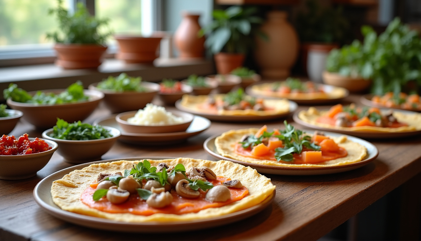 Présentation du buffet de crêpes salées avec des garnitures bien disposées sur une table en bois