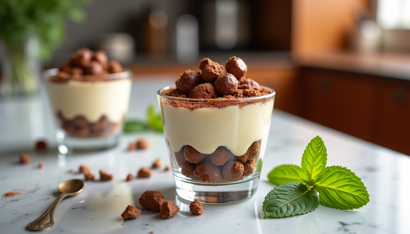 Présentation du tiramisu Kinder Bueno en verrines individuelles avec une décoration de cacao et de morceaux de barre sur le dessus