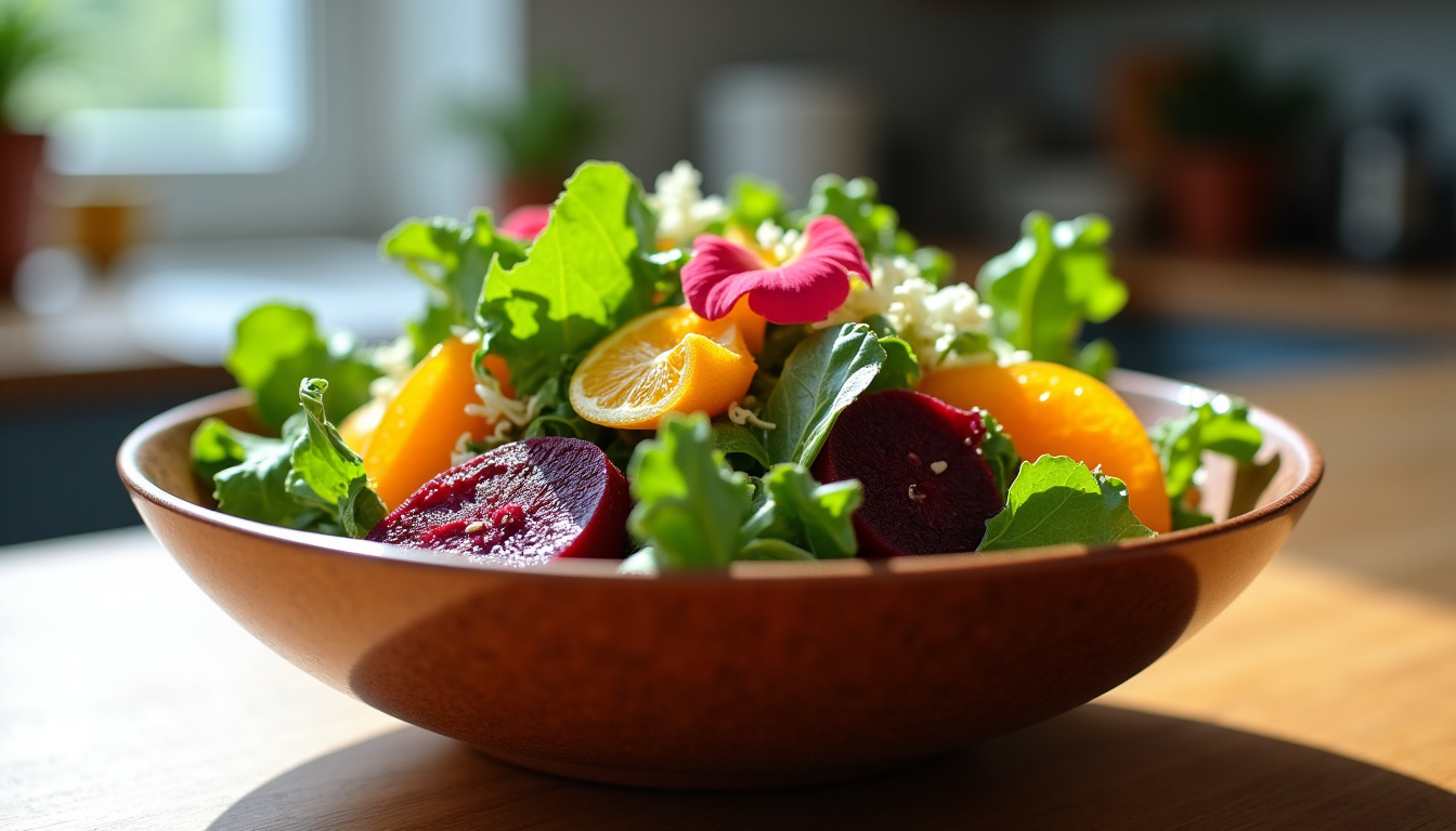 Salade de mâche, betterave rôtie et agrumes préparée dans un bol en bois, détails de la présentation soignée