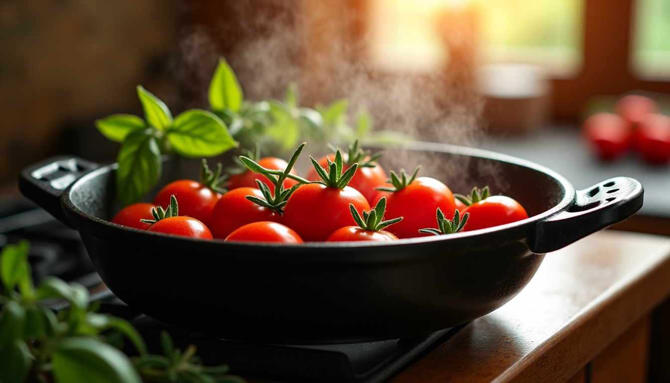 Tomates provençales en train de mijoter dans une poêle, avec des herbes visibles