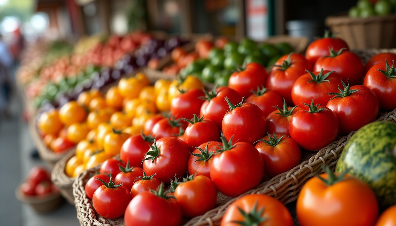 Variétés de tomates fraîches exposées sur un marché, montrant les différences de forme et de couleur