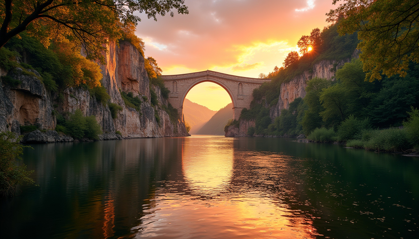 Vue du Pont d’Arc en Ardèche sous la lumière dorée du coucher de soleil