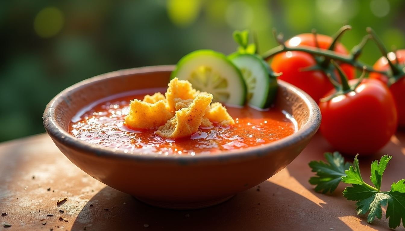 Bol de gaspacho andalou avec croûtons et rondelles de légumes
