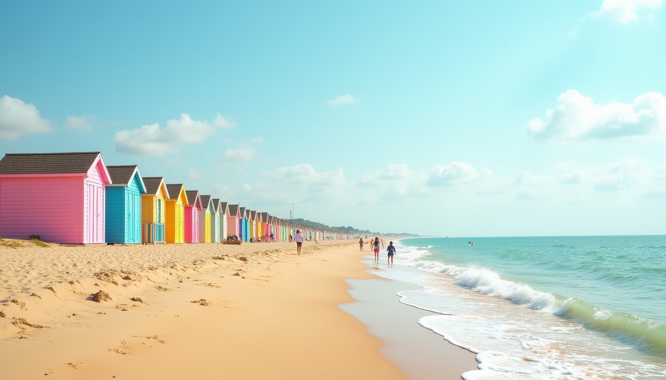 Cabines de bain colorées alignées sur la plage de la Boirie à Saint-Denis-d