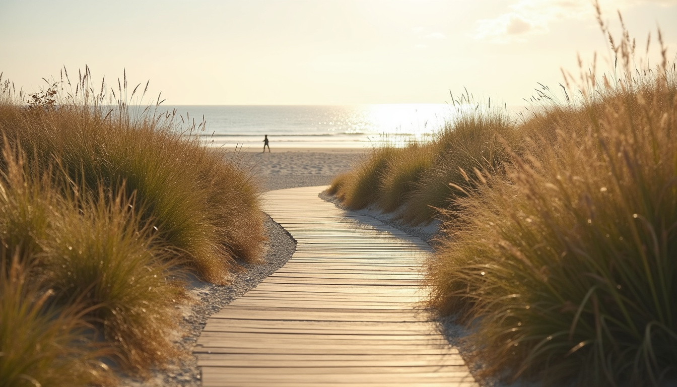 Chemin en bois menant à la plage de Sainte-Croix depuis le parking