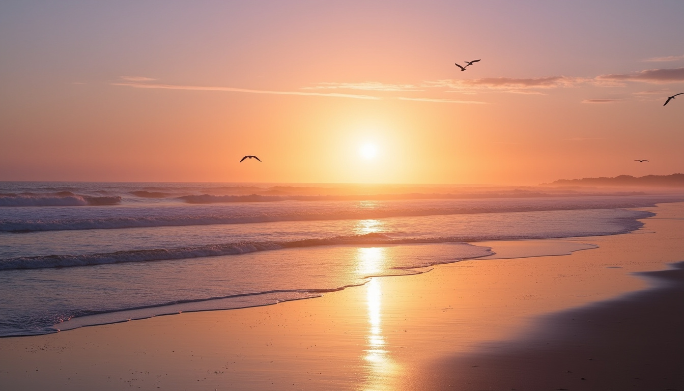 Coucher de soleil sur la plage de Sainte-Croix avec reflets dorés sur l'eau