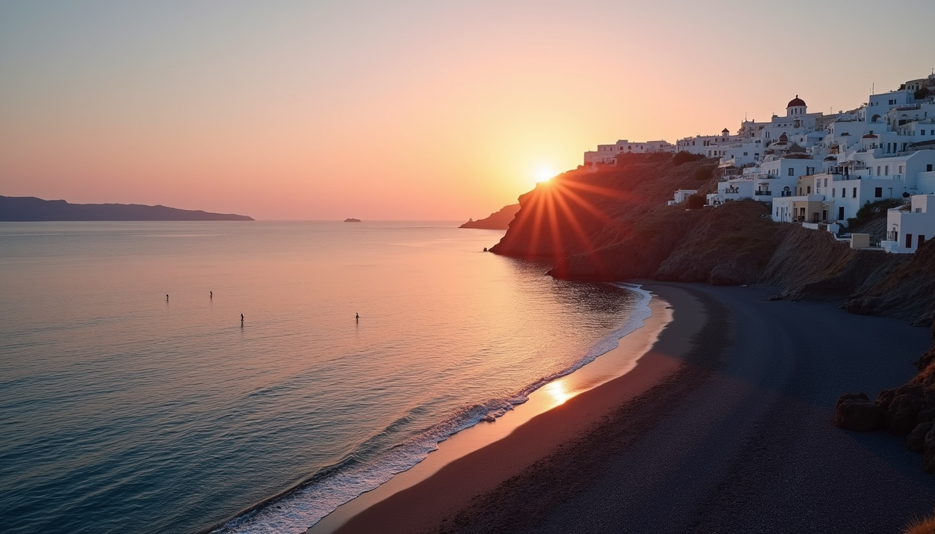 Coucher de soleil sur une plage de sable noir à Santorin, avec des maisons blanches en arrière-plan et des baigneurs au loin