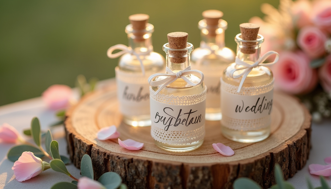 Décoration de table avec des mini-bouteilles de shots personnalisées pour un mariage