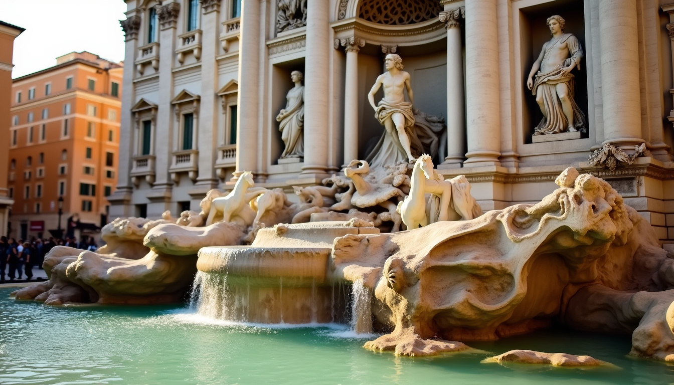 Détail des sculptures de la fontaine de Trevi: Neptune, Salubrité et Prospérité