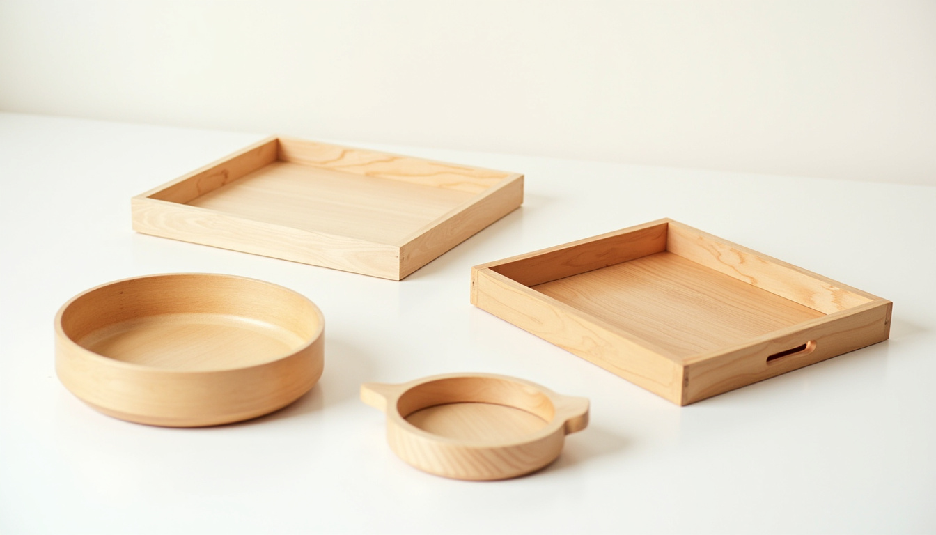 Différents types de plateaux en bois disponibles chez Action: rectangulaire, rond, pliable, avec poignées