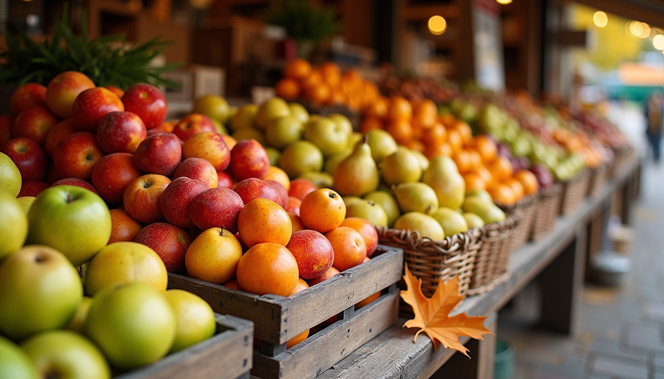 Étal de marché en octobre avec pommes, poires, coings et kakis bien visibles
