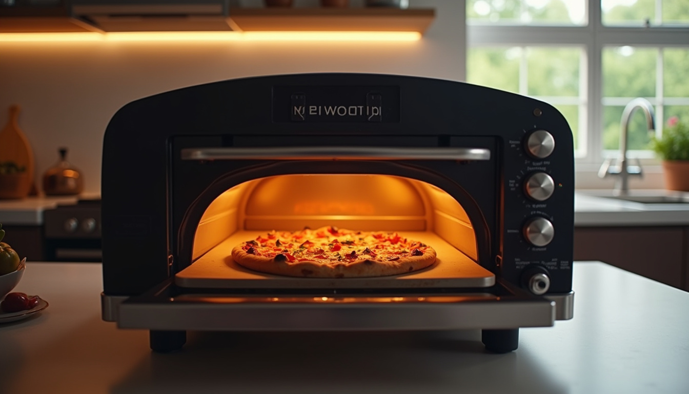 Four à pizza Kenwood My Pizzeria allumé sur un plan de travail avec une pizza en cours de cuisson